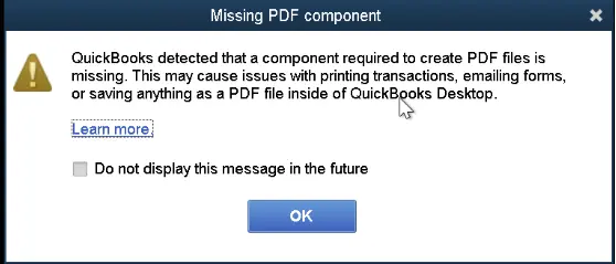 QuickBooks Missing PDF Component screenshot